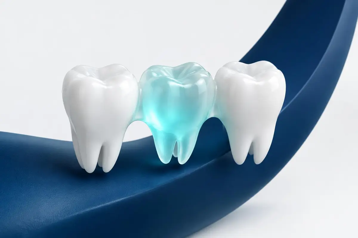 Trois dents 3D reliées, l'élément central en céramique translucide