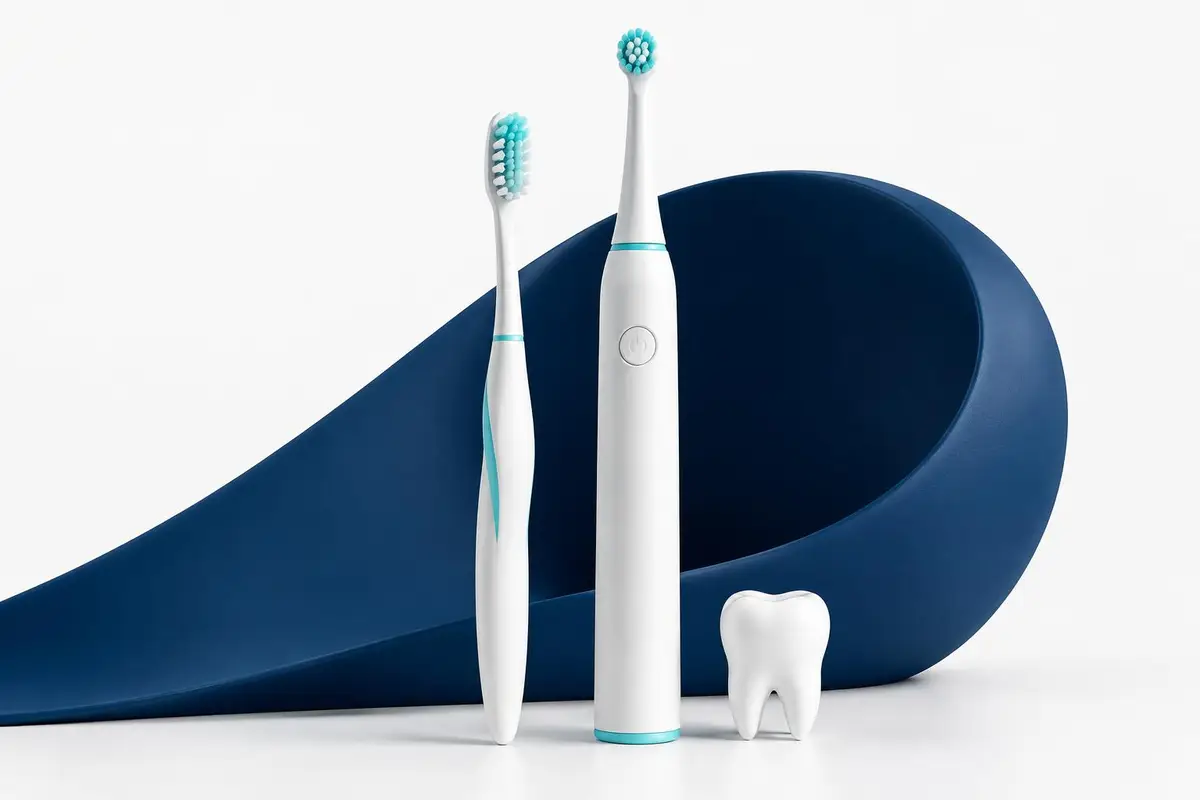 Deux brosses stylisées en céramique blanche, filets turquoise