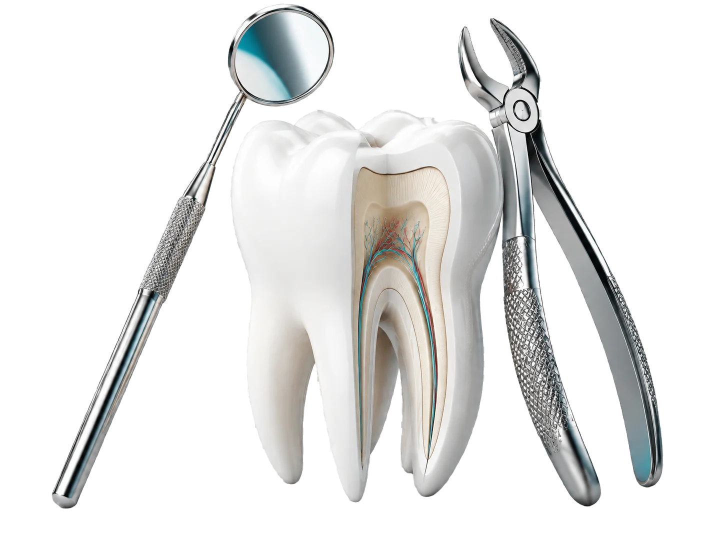 Dent anatomique en céramique accompagnée d’instruments dentaires