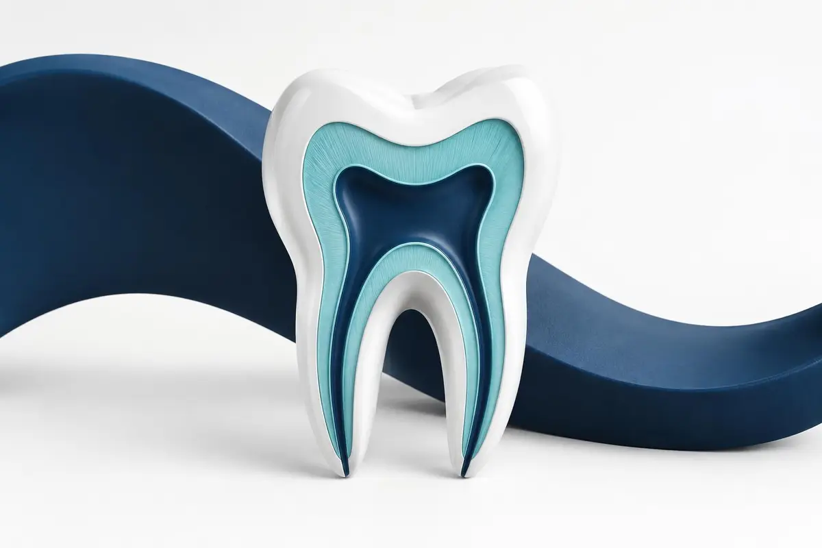 Coupe 3D stylisée d'une dent (émail, dentine), palette marine et turquoise