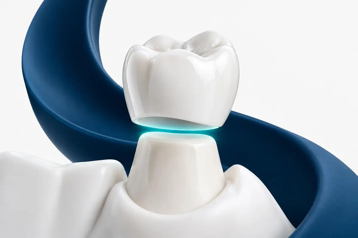 Dent 3D avec couronne céramique légèrement décalée, effet « emboîtement »