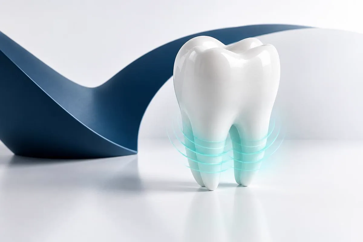 Dent en céramique entourée d’ondes turquoise évoquant une sensibilité
