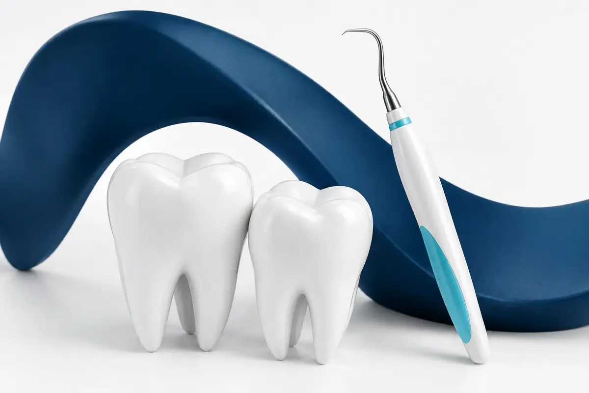 Dent 3D lisse, instrument stylisé très fin, aucun dépôt réaliste