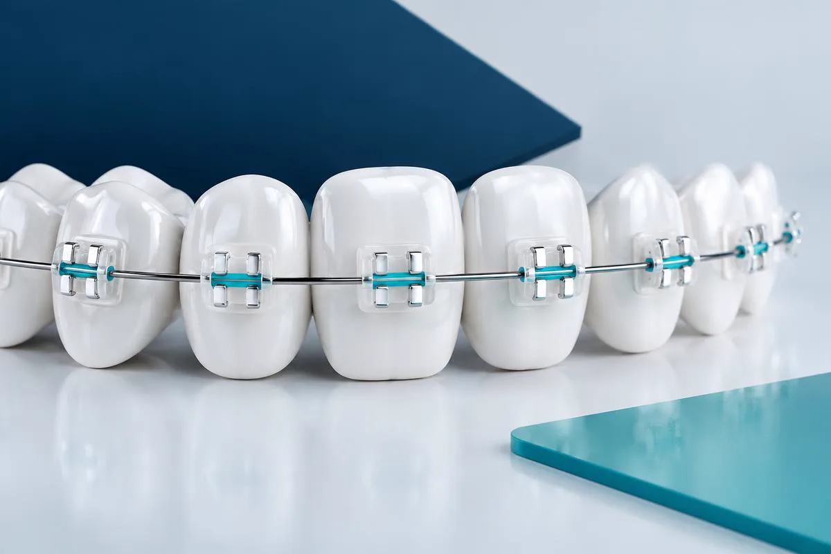 Rangée de dents en céramique avec bagues et arc orthodontiques