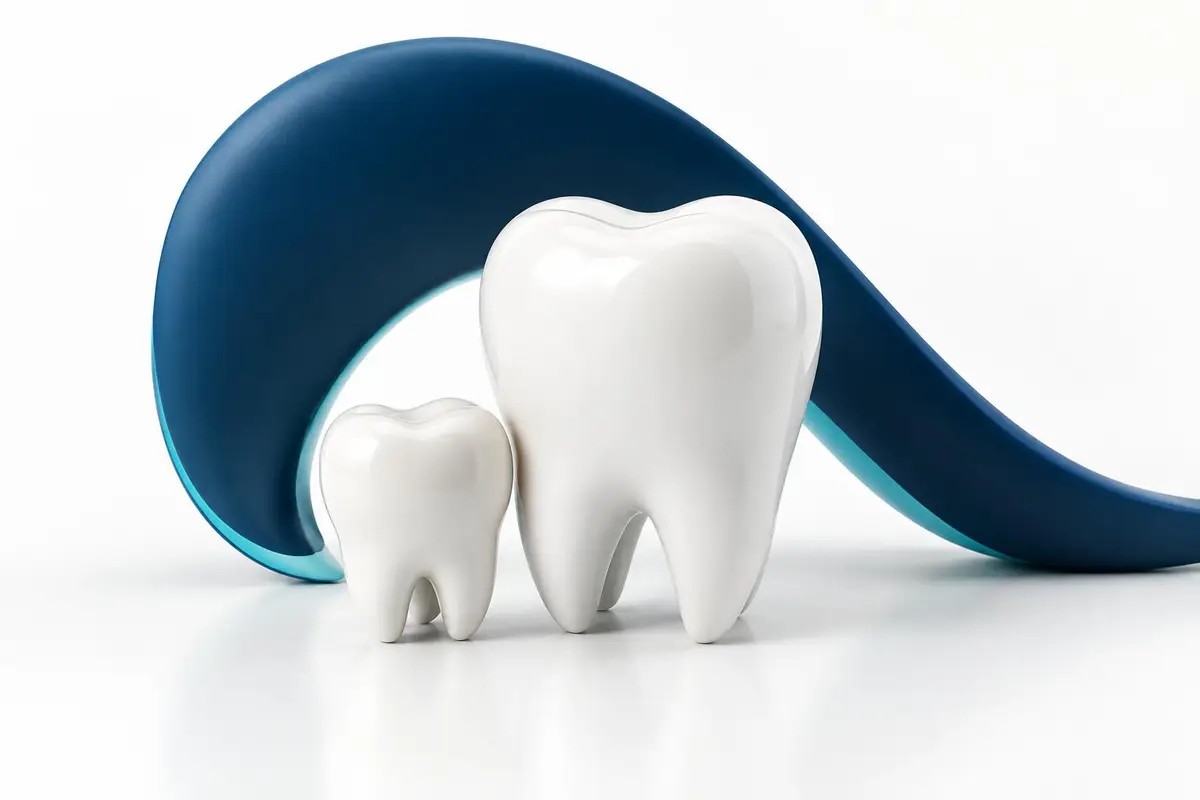 Petite dent de lait 3D à côté d'une dent adulte, ton doux