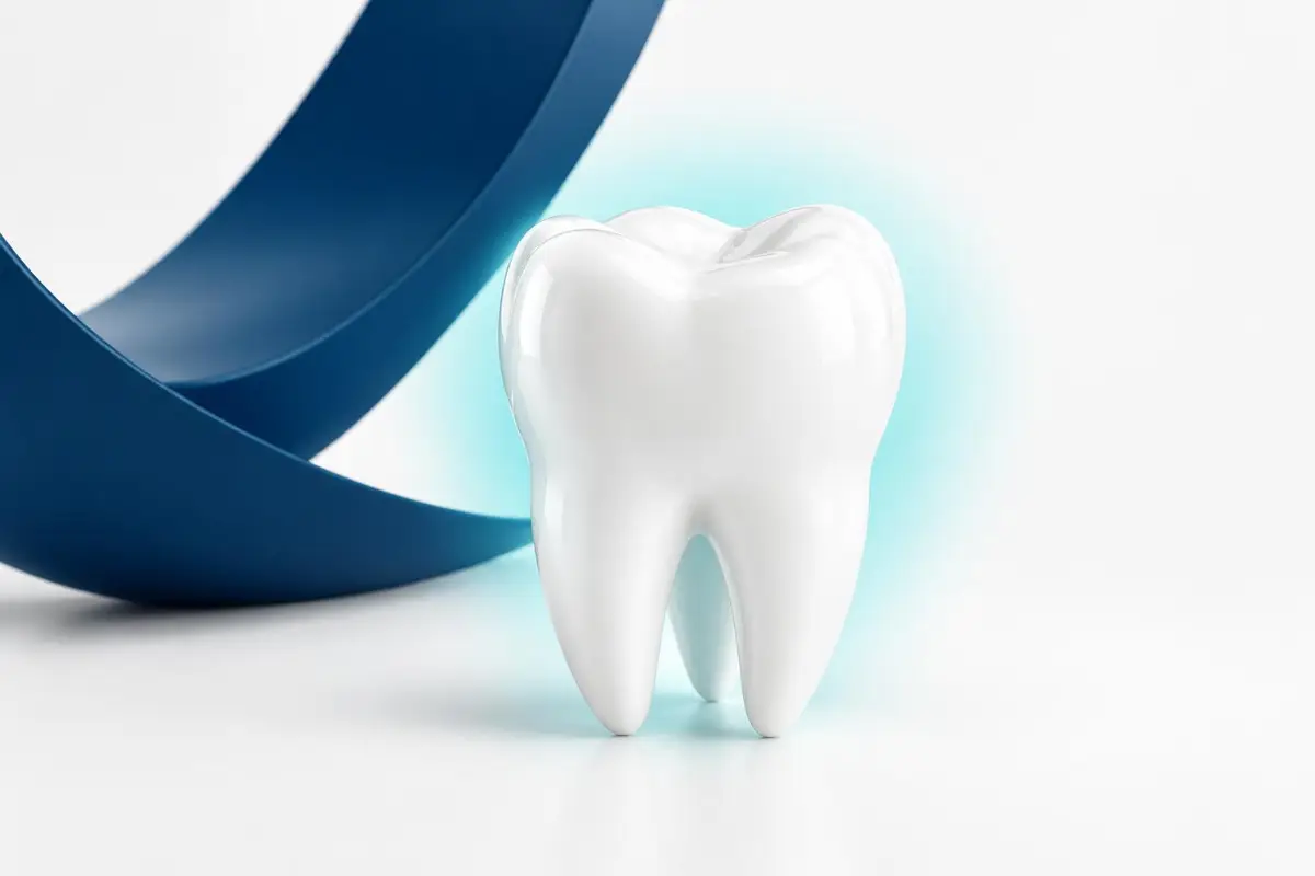Dent 3D en céramique avec halo turquoise discret, sans rougeur ni éclair