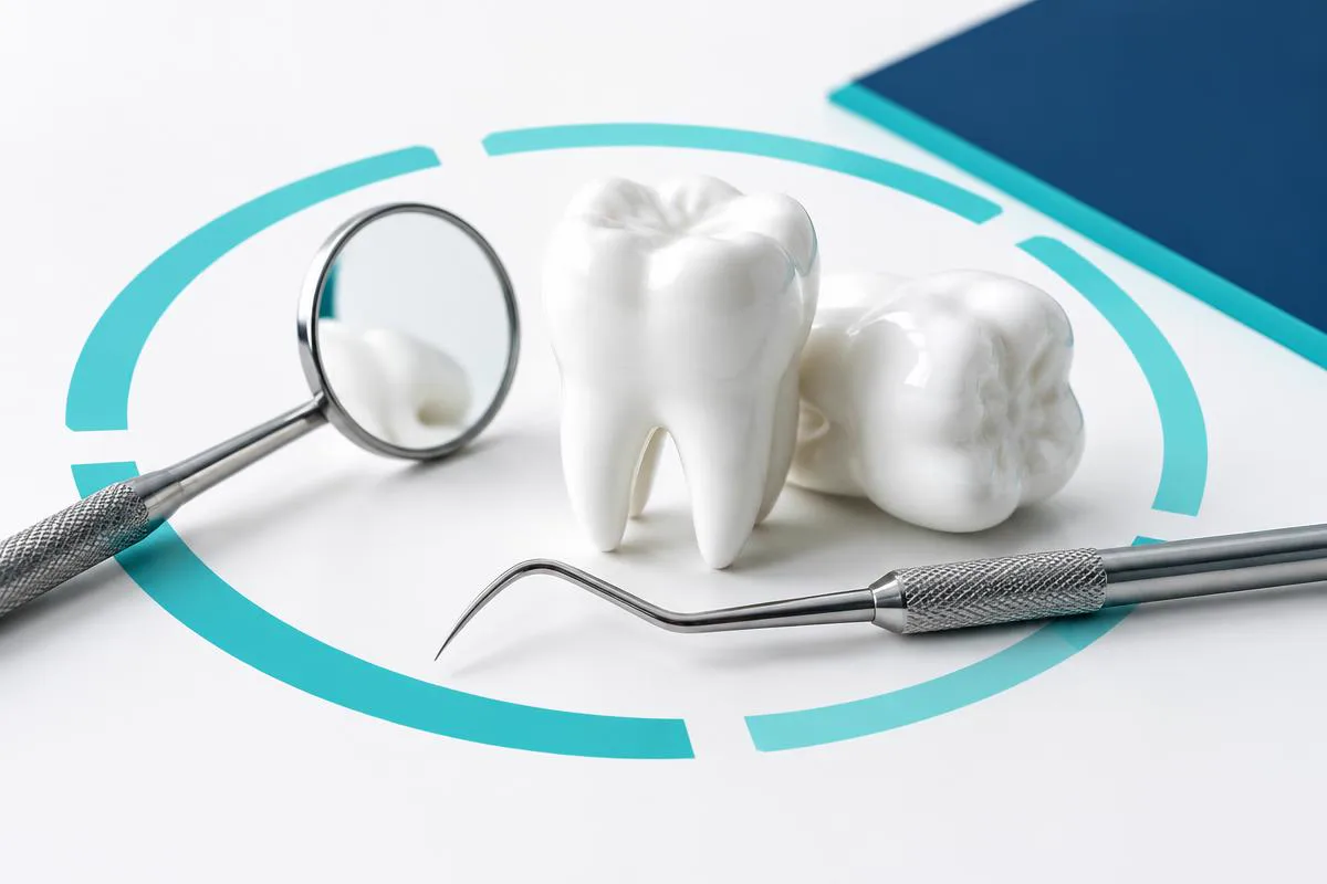 Dents en céramique entourées d’un miroir et d’un instrument d’examen