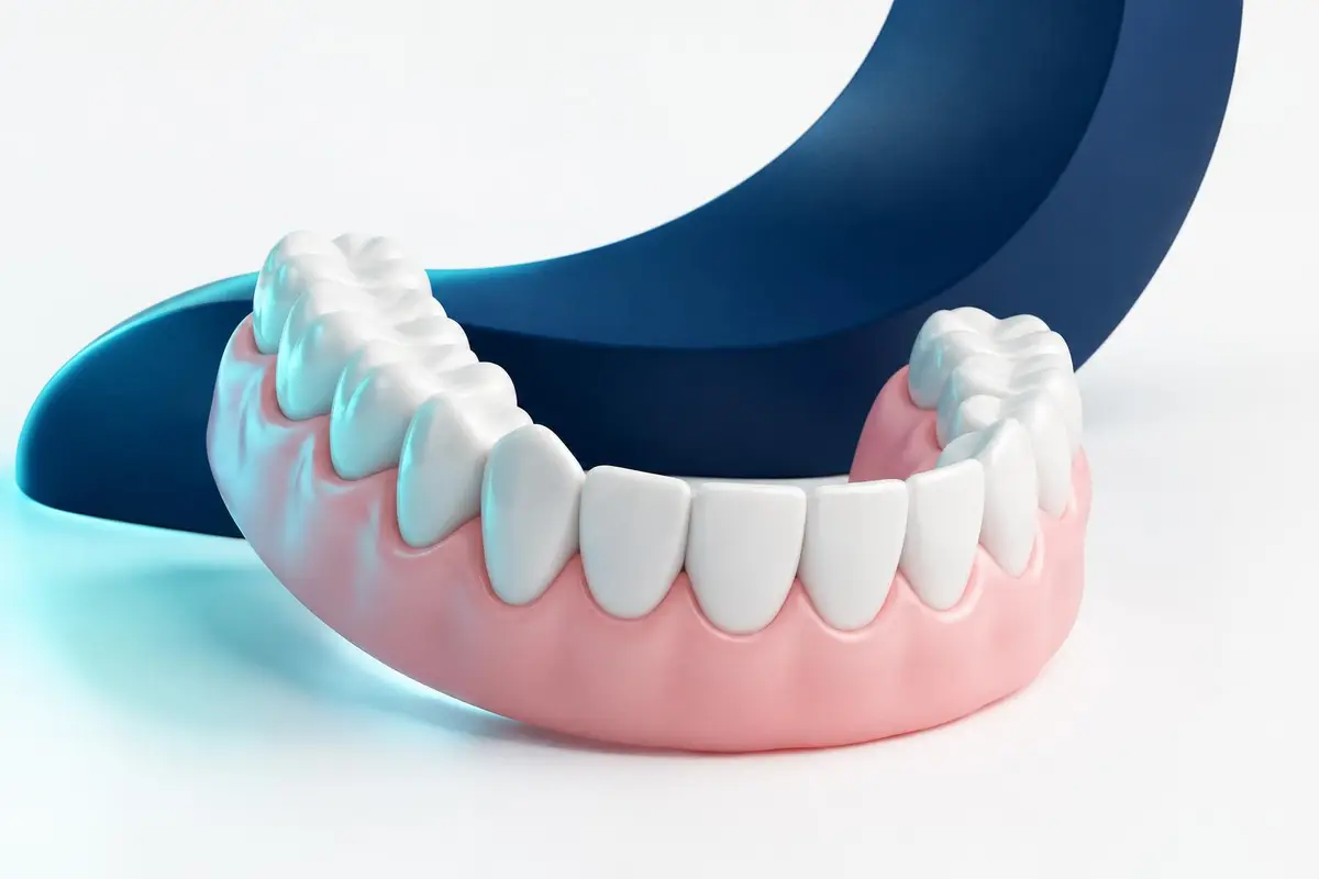 Arcade 3D avec gencive stylisée, teinte rose pâle et halo turquoise
